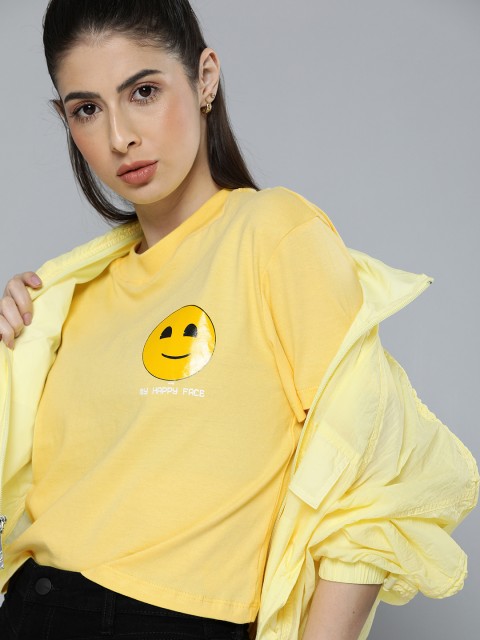 

Kook N Keech Emoji Women Yellow Drop-Shoulder Sleeves T-shirt With Printed Detailing