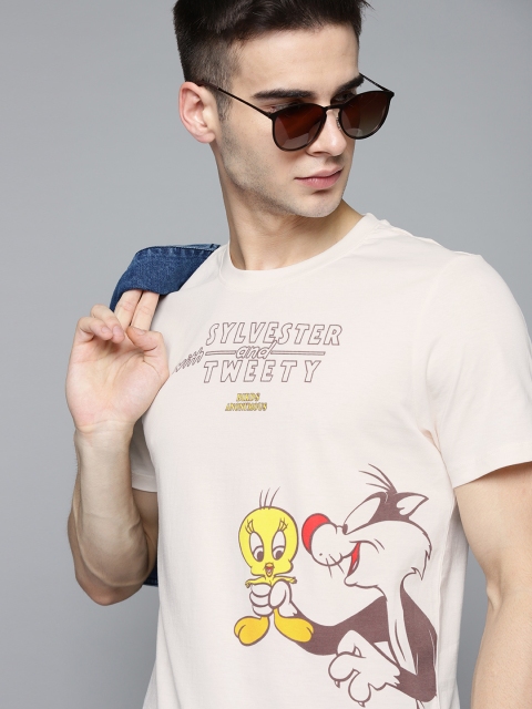 

Kook N Keech Looney Tunes Men Off-White Yellow Cotton Sylvester Tweety Print Pure Cotton T-shirt