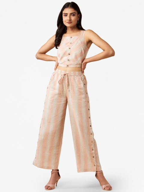 

Fabindia Women Peach-Coloured & Off-White Linen Striped Wide Leg Palazzos