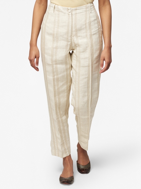 

Fabindia Women Off-White & Beige Striped Slim Fit Trousers