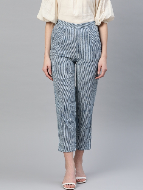 

Fabindia Women Blue Striped Pure Cotton Crop Trousers