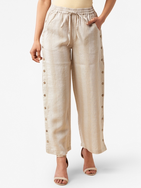 

Fabindia Women Off-White & Beige Linen Striped Wide Leg Palazzos