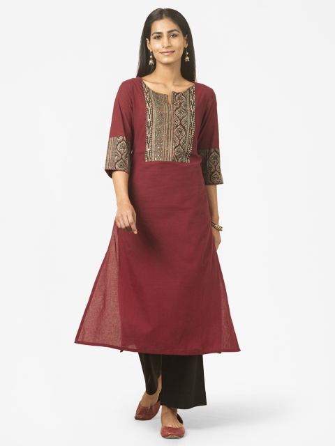 

Fabindia Women Maroon Ethnic Motifs Yoke Design Straight Kurta