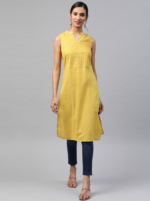 

Fabindia Women Mustard Yellow Pure Cotton Slim Fit Yoke Design Thread Work Kurta