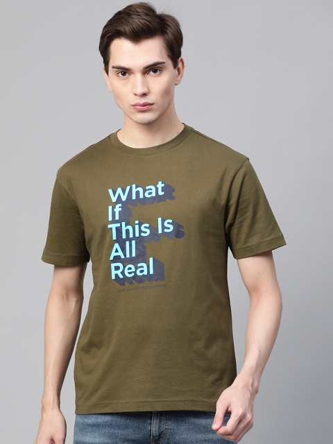 

Levis Men Olive Green Blue Slogan Printed Pure Cotton T-shirt
