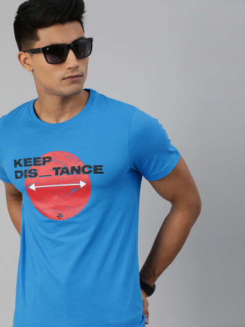 

WROGN Men Blue Printed Slim Fit Round Neck Pure Cotton T-shirt
