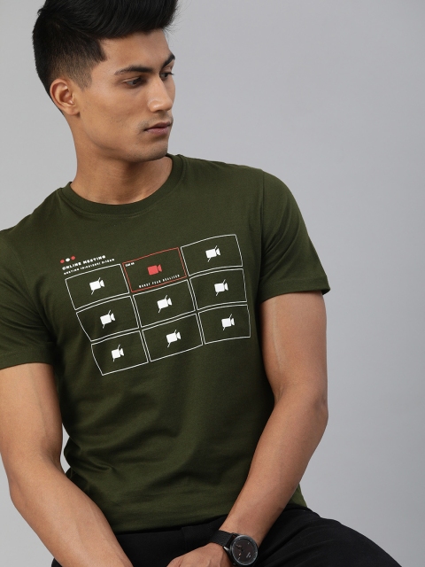 

WROGN Men Olive Green Printed Slim Fit Round Neck T-shirt