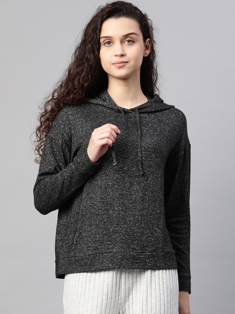 

Marks & Spencer Women Black Solid Hooded Sweatshirt With Grindle Effect