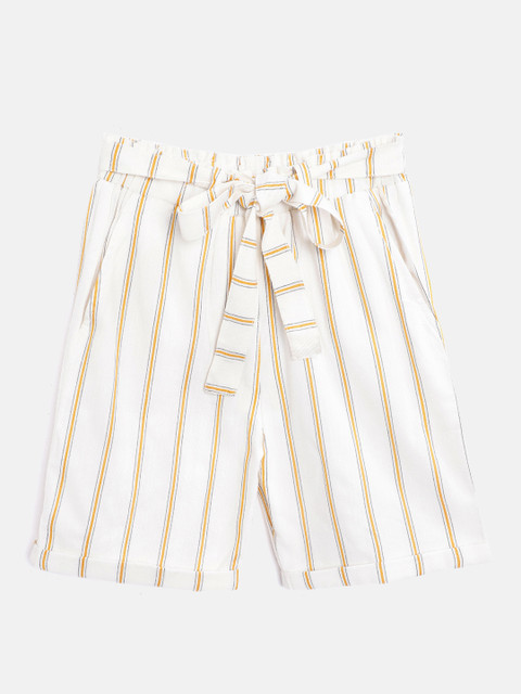 

luyk Girls White & Mustard Yellow Striped High-Rise Pure Cotton Regular Fit Shorts