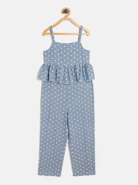 

luyk Girls Blue & Off-White Polka Dots Print Cotton Basic Jumpsuit with Ruffled Detail