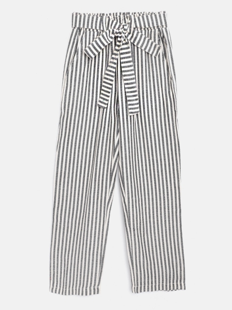 

luyk Girls White & Black Regular Fit Striped High Rise Cotton Parallel Trousers with Belt