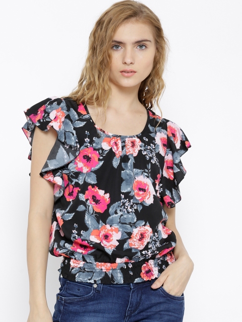 

Sera Black Polyester Floral Print Top