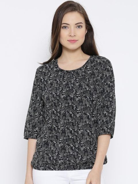 

Sera Black Polyester Paisley Print Blouson Top