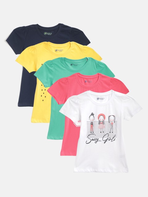 

YK Basics Girls Pack of 5 Pure Cotton Printed Puff Sleeves T-shirts, Multi