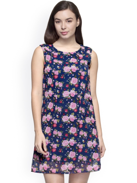 

WISSTLER Blue Floral Print Georgette A-Line Dress