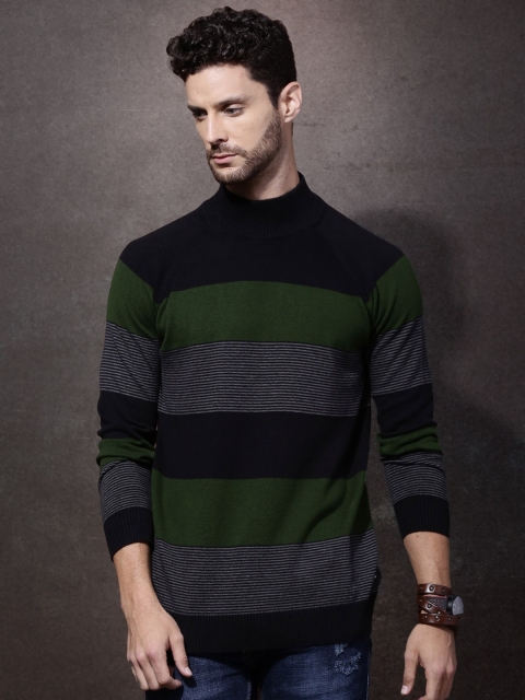 

Roadster Men Green & Black Self-Design Sweater
