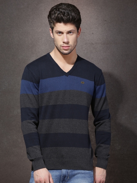 

Roadster Men Blue & Charcoal Grey Striped Sweater
