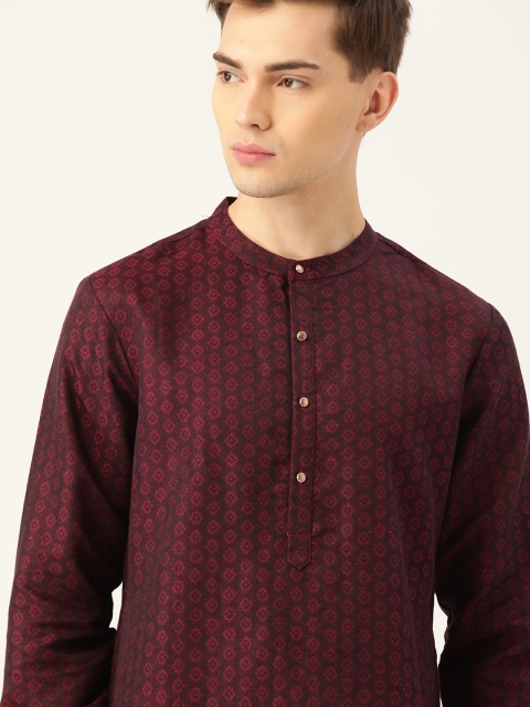 

House of Pataudi Men Maroon & Black Jash Woven Design Kurta