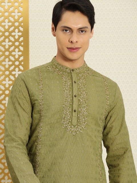

House of Pataudi Men Olive Green Ethnic Motifs Embroidered Jashn Kurta