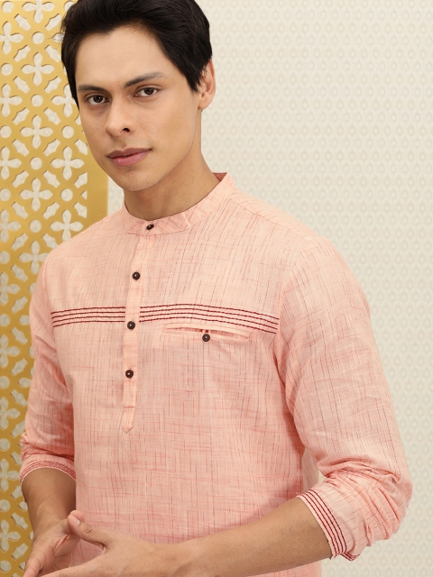 

House of Pataudi Men Peach-Coloured Pintuck Rozana Kurta