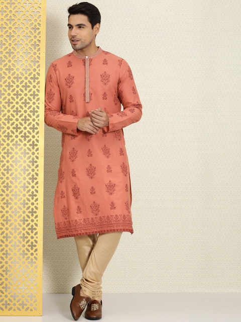 

House of Pataudi Men Coral Orange & Red Cotton Ethnic Motifs Printed Straight Kurta