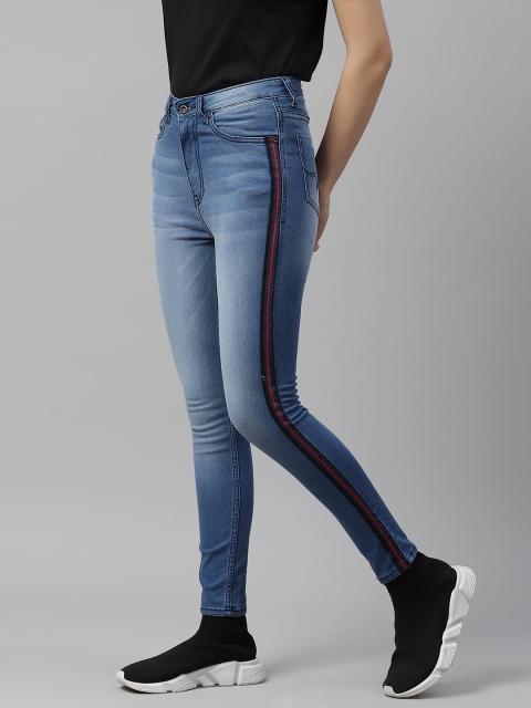 

Roadster Women Navy Blue Solid Super Skinny Fit High-Rise Side Stripes Stretchable Jeans