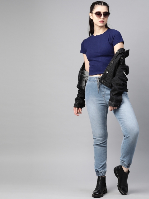 

Roadster Women Blue Light Fade Cuffed Hem Stretchable Denim Joggers