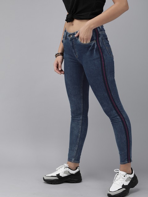 

Roadster Women Blue Super Skinny Fit High-Rise Stretchable Jeans With Side Stripes
