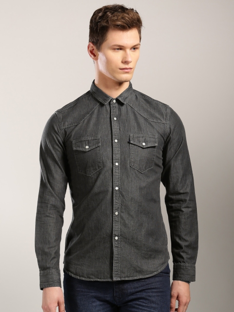 

Harvard Men Charcoal Grey Regular Fit Washed Denim Shirt