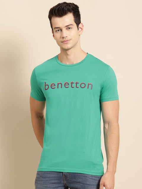 

United Colors of Benetton Men Green Brand Logo Printed Pure Cotton T-shirt