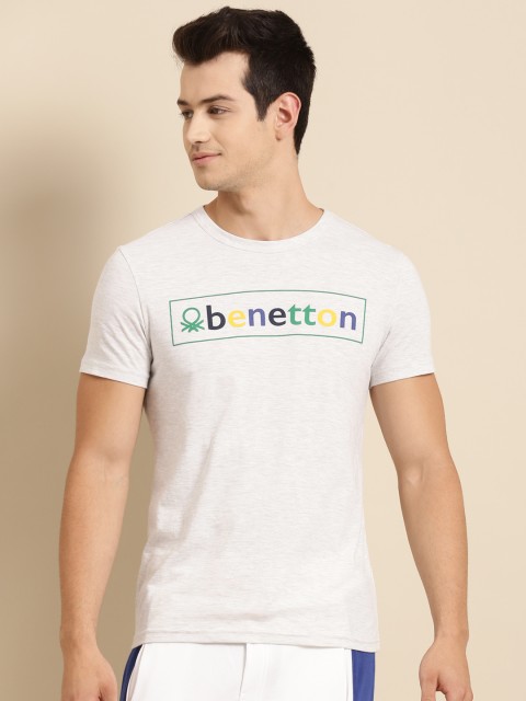 

United Colors of Benetton Men Grey Melange & Green Brand Logo Printed T-shirt