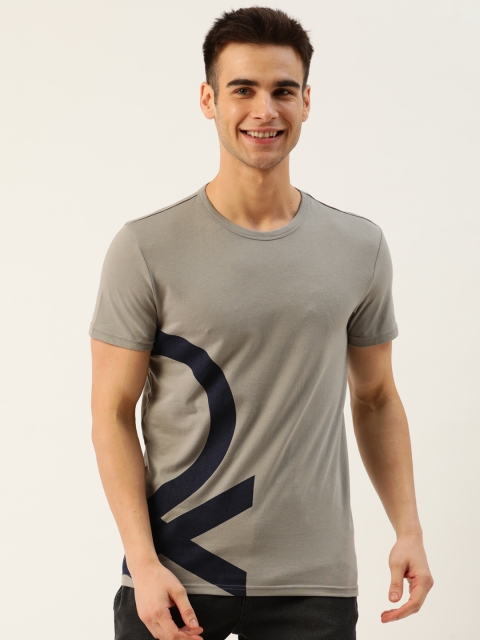 

United Colors of Benetton Men Grey & Black Brand Logo Printed Round Neck T-shirt
