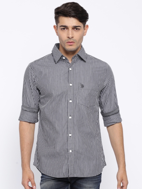 

U.S. Polo Assn. Charcoal Grey & White Striped Tailored Fit Linen Casual Shirt
