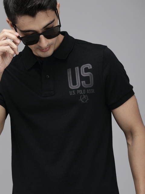 

U.S. Polo Assn. Denim Co. Men Black Printed Polo Collar Pure Cotton T-shirt