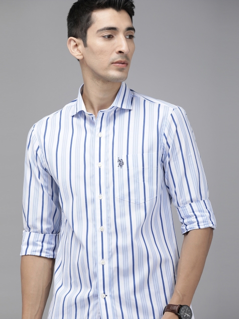 

U.S. Polo Assn. Men Blue & White Tailored Fit Striped Casual Cotton Shirt