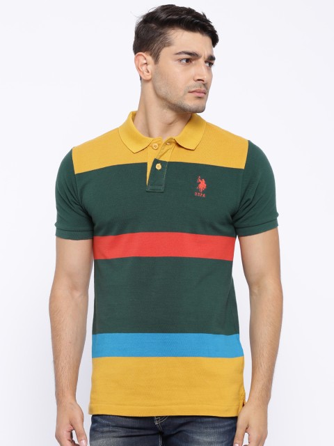 

U.S. Polo Assn. Mustard Yellow Green Colourblocked Polo Pure Cotton T-shirt
