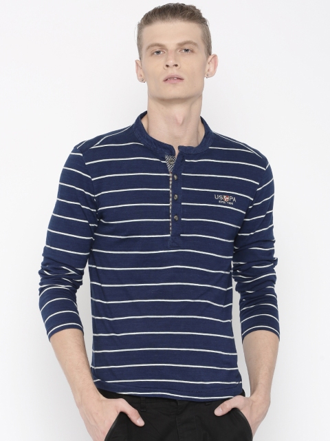 

U.S. Polo Assn. Denim Co. Men Blue Striped Henley Collar T-Shirt