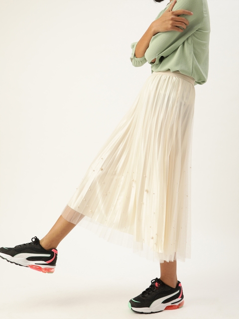 

SHECZZAR Women Off White Embellished Accordion Pleated Flared Skirt