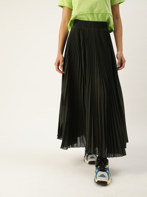 

SHECZZAR Women Olive Green Solid Accordion Pleated Flared Skirt