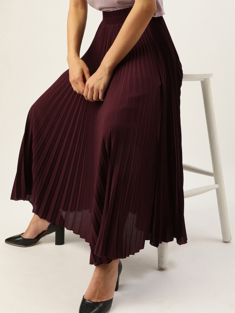 

SHECZZAR Women Burgundy Solid Accordion Pleated Flared Skirt