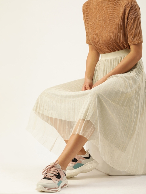 

SHECZZAR Women Off White Shimmery Accordion Pleated Flared Skirt