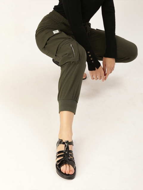 

SHECZZAR Women Olive Green Relaxed Regular Fit Solid Cargos
