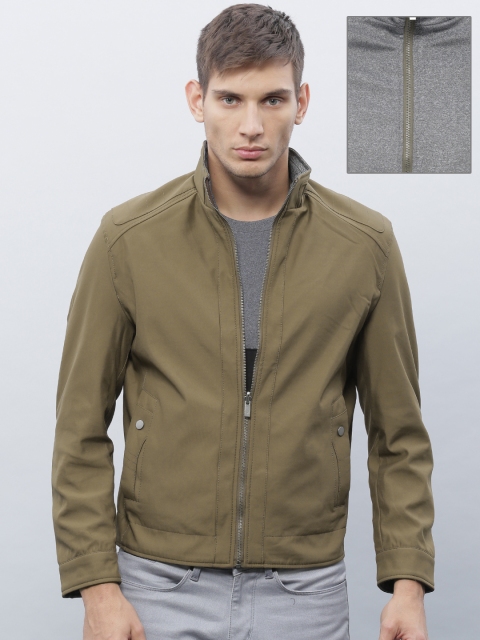 

ether Olive Green & Grey Melange Reversible Jacket