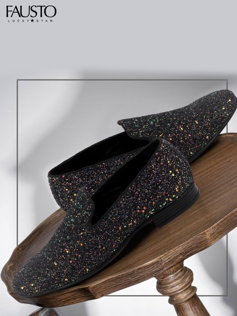 

FAUSTO Men Black Printed Party Slip On Shoes