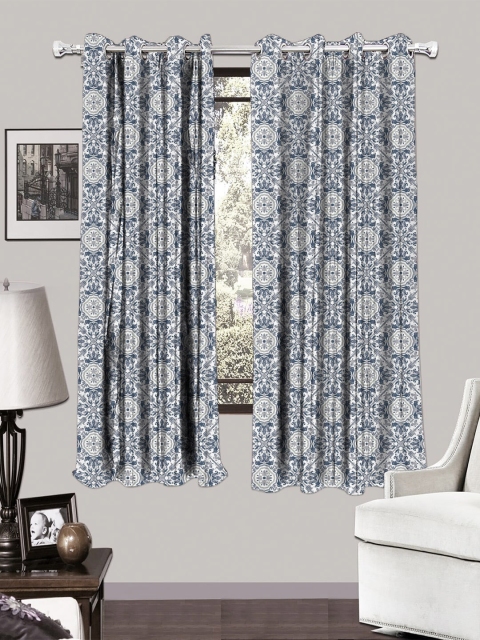 

HOUZZCODE White & Blue Set of 2 Ethnic Motifs Printed Black Out Window Curtains