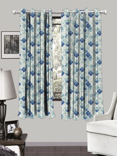 

HOUZZCODE White & Blue Set of 2 Printed Black Out Window Curtains