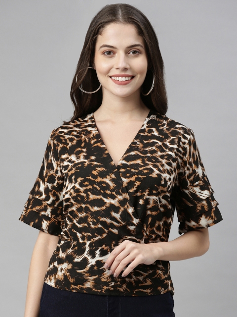

ATRAENTA Women Black Animal Printed Flared Sleeves Wrap Top