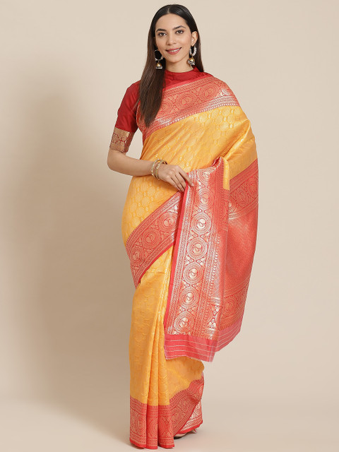 

Shangrila Creation Yellow & Golden Zari Woven Design Saree