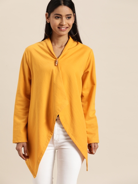 

Qurvii Women Mustard Yellow Solid Fleece Button Shrug