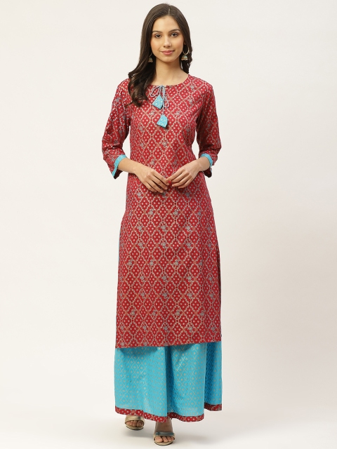 

Maaesa Women Red & Blue Ethnic Motifs Hand Printed Kurta with Skirt